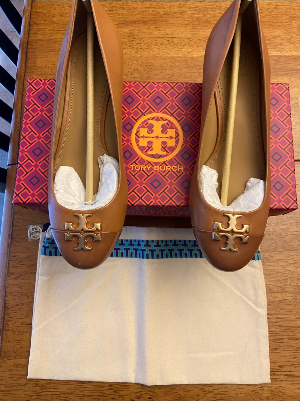 Tory Burch Tan Leather Logo Ballet Flats